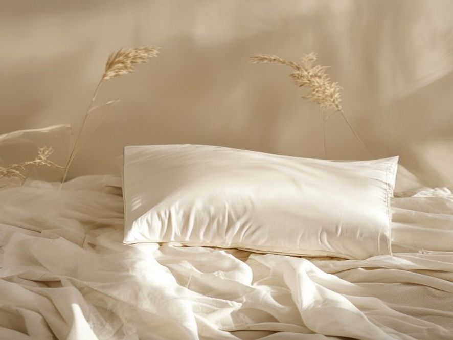 Silk pillowcase and sleepwear styled on a neutral bed in soft morning light