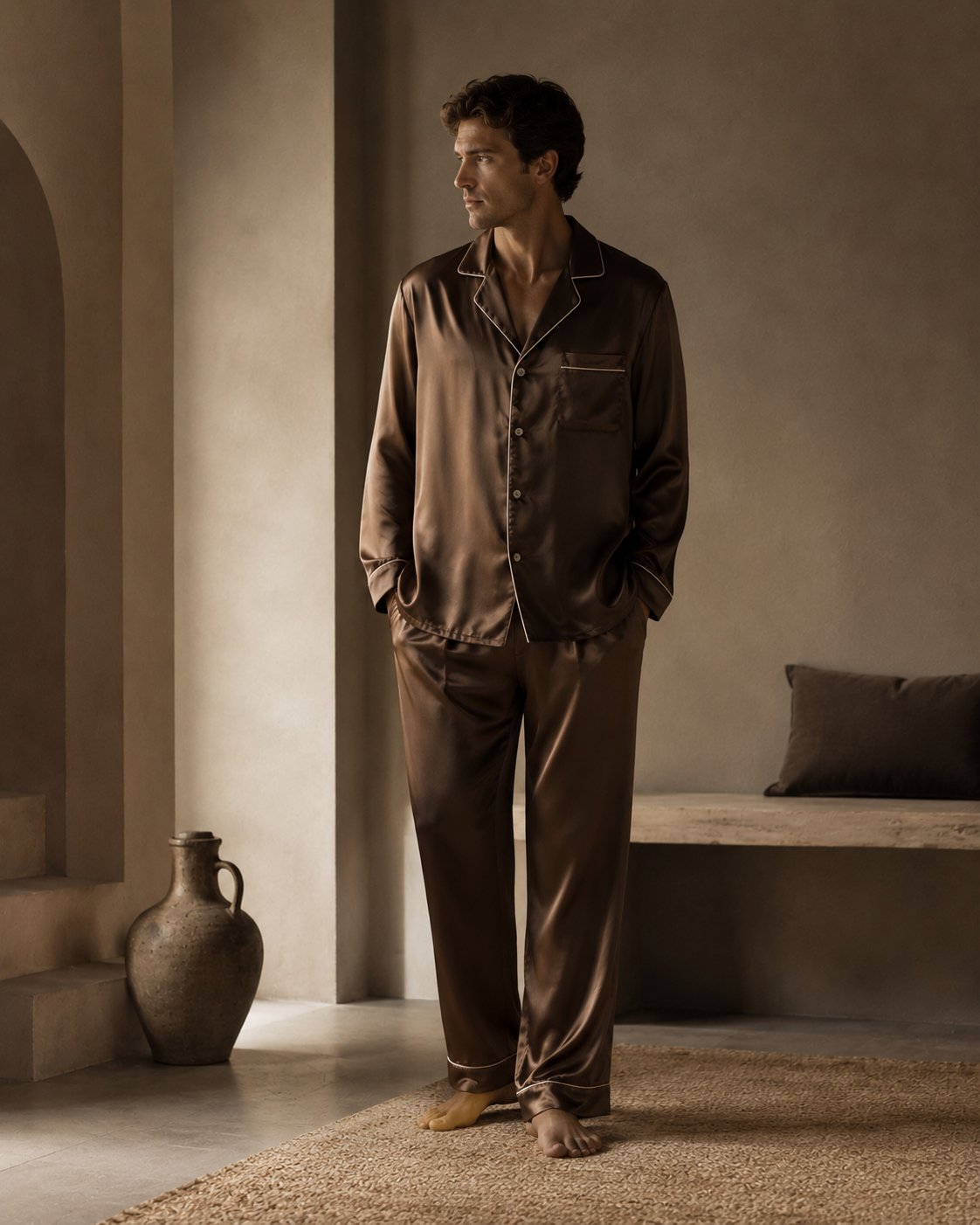 Man in a silk pajama set