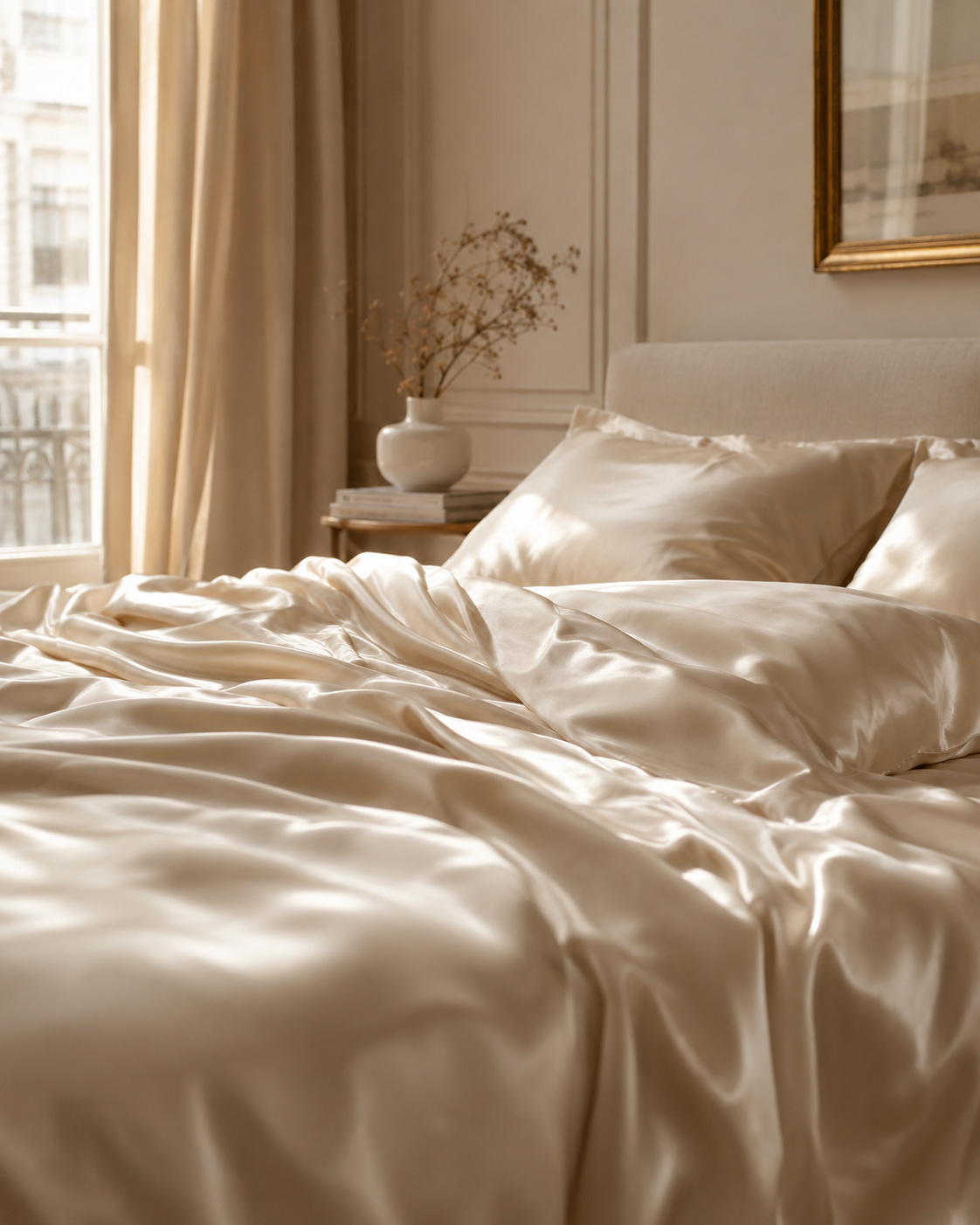 Silk bedding set on a bed