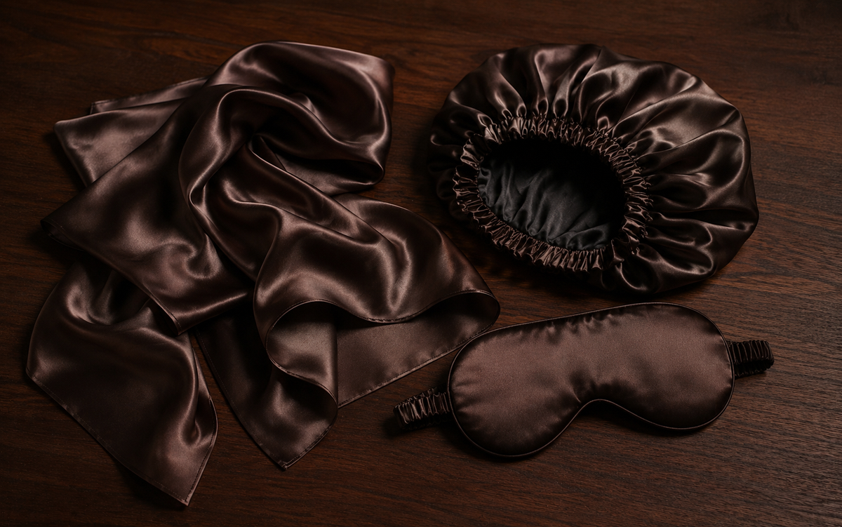 Silk scarf, bonnet and eye mask
