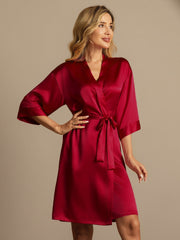 Women's mulberry silk 3/4 sleeve kimono wrap robe in vibrant red.