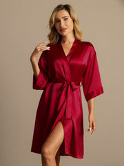 Women's wine red mulberry silk kimono wrap robe with 3/4 sleeves and tie belt.