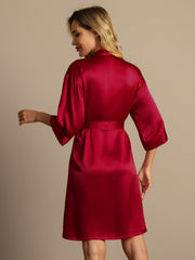 Women's mulberry silk 3/4 sleeve kimono wrap robe in rich red.