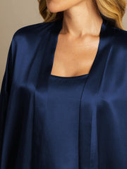 Women's navy blue mulberry silk robe and cami set, elegant and luxurious.