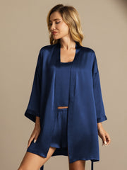 Women's elegant navy blue mulberry silk 3-piece robe, cami, and shorts pajama set.