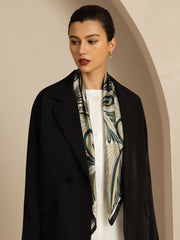 Mulberry silk abstract floral pattern square scarf, 90x90cm, worn with a black coat.