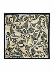 Mulberry silk square scarf with black, white, and gold abstract floral pattern, 90x90cm.