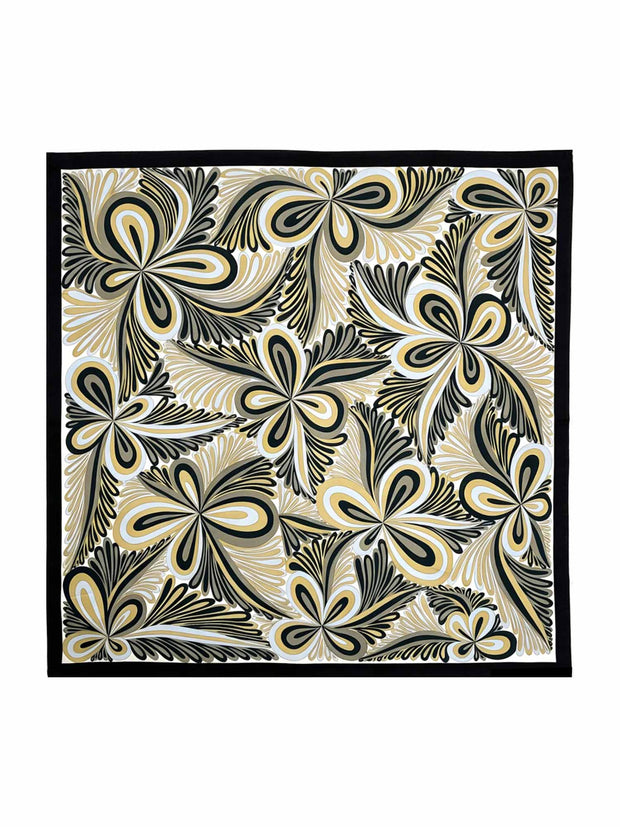 Mulberry silk square scarf with black, white, and gold abstract floral pattern, 90x90cm.