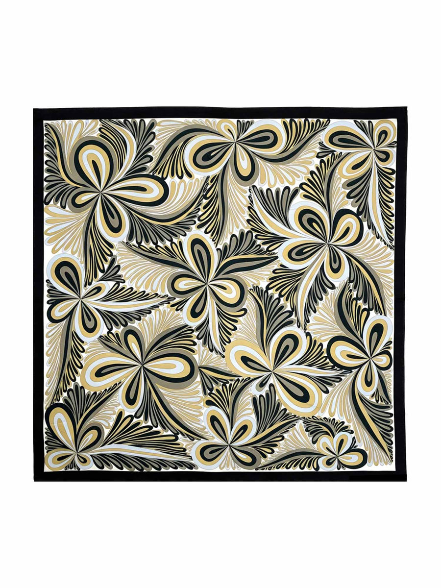 Mulberry silk square scarf with black, white, and gold abstract floral pattern, 90x90cm.