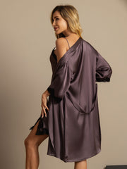 Women's mulberry silk nightgown and robe set in dark grey with black lace trim.