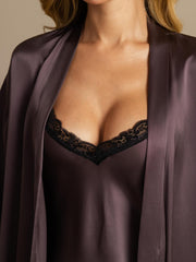 Mulberry silk nightgown and robe set in dark plum with black lace trim.