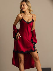Red mulberry silk nightgown and robe set with black lace trim.