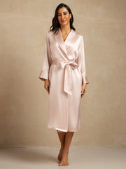 Women's pink mulberry silk belted long lapel robe with pocket design.