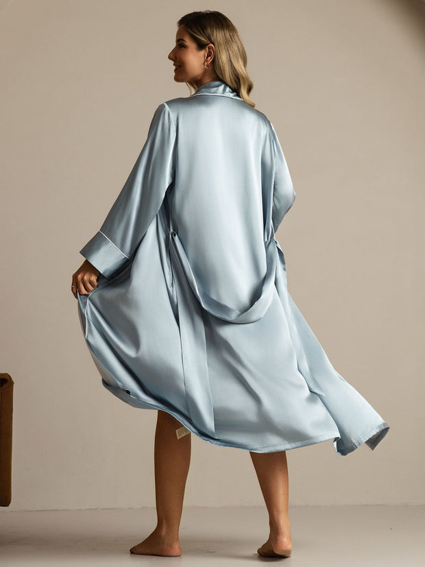 Women's light blue 100% mulberry silk belted long lapel robe with pocket design.