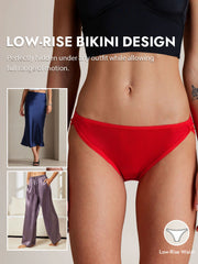 Red low-rise mulberry silk bikini panty with bow detail.