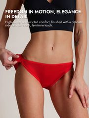 Red mulberry silk bikini panty with delicate side bow detail, high-cut style.