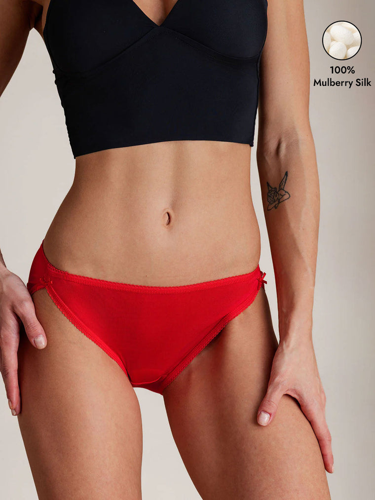 Red 100% Mulberry Silk Bikini Panty with Bow Detail.