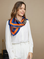 Mulberry silk bohemian square scarf, 86x86cm, with blue, orange, and intricate patterned borders.