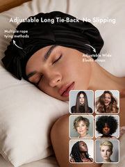 Black mulberry silk bonnet with bowknot tie-back, worn by a woman sleeping.