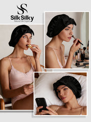 Black mulberry silk bonnet with bowknot tie, worn by a woman for hair protection.