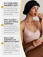 Woman wearing a black mulberry silk bonnet with a bowknot tie, protecting her hair while she eats and reads.