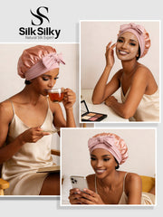 Pink mulberry silk bonnet with bowknot tie, worn by a woman for hair protection.