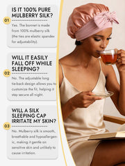 Woman wearing a pink mulberry silk bonnet with a bowknot tie, drinking tea.