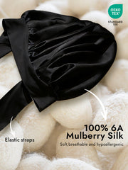 Black mulberry silk bonnet with bowknot tie and elastic straps, OEKO-TEX certified.