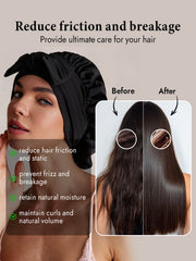 Black mulberry silk bonnet with bowknot tie on a woman, showing hair protection benefits.