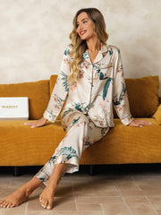 Women's mulberry silk botanical print long sleeve pajamas set in Tropical Jungle.