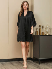 Black mulberry silk bridal V-neck lace nightgown and robe set for women.