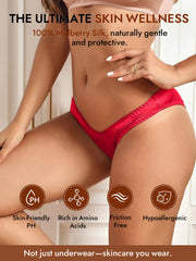 Red mulberry silk briefs on a woman, highlighting skin wellness benefits like skin-friendly PH and hypoallergenic.
