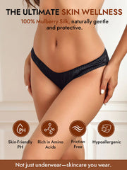Black 100% Mulberry silk briefs on a model, highlighting the comfy, breathable panty style.