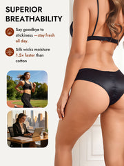 Black mulberry silk briefs on a woman, highlighting the comfy, breathable panty style.