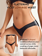 Black 100% Mulberry silk low-rise V-cut briefs for women, highlighting a flattering fit.