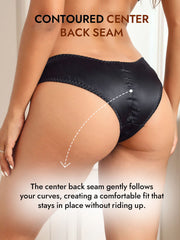 Black mulberry silk briefs with a contoured center back seam for a comfortable, curve-hugging fit.