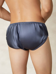 Men's mulberry silk briefs in dark blue with an elastic waistband.