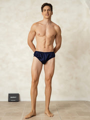 Men's navy blue mulberry silk briefs with elastic waistband.
