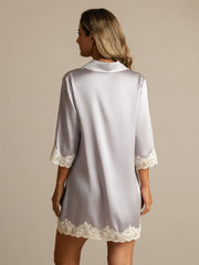 Women's mulberry silk nightshirt in light gray with white lace trim, 3/4 sleeves, and collar.