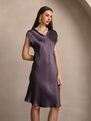 Mulberry silk cap sleeve V-neck knee dress in dark grey, worn by a woman.