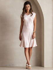 Women's blush pink mulberry silk cap sleeve V-neck knee dress.