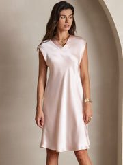 Women's blush pink 100% mulberry silk cap sleeve V-neck knee dress.