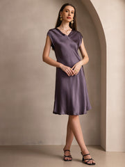 Purple Gray mulberry silk cap sleeve V-neck knee dress on a woman.