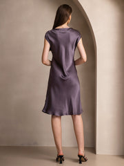 Women's mulberry silk cap sleeve V-neck knee dress in a rich purple hue.
