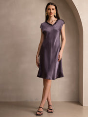 Women's mulberry silk cap sleeve V-neck knee dress in a rich plum color.