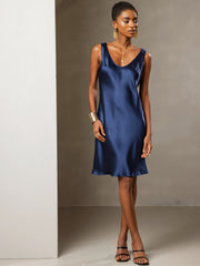 Women's navy blue mulberry silk sleeveless U-neck short dress.