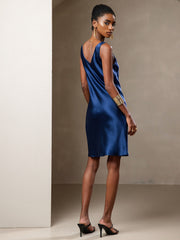 Navy blue mulberry silk sleeveless U-neck short dress on a model.