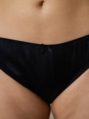 Black mulberry silk classic bikini panty with a small bow detail.