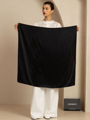 Elegant black 100% mulberry silk classic square scarf (90x90cm) held by a model.