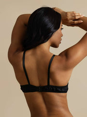 Black mulberry silk classic full bra with adjustable straps, shown from the back on a model.
